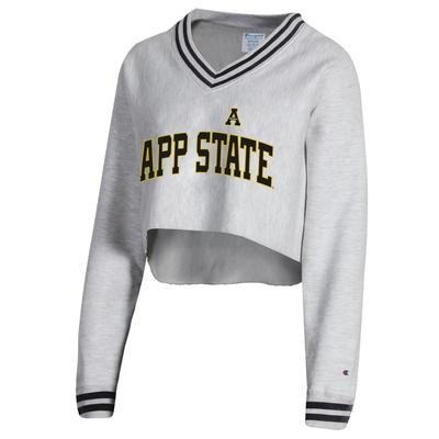 App State Champion Women's Reverse Weave Higher Ed Cropped V-Neck