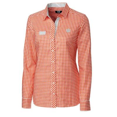 Clemson Cutter & Buck Women's Long Sleeve Gingham Button