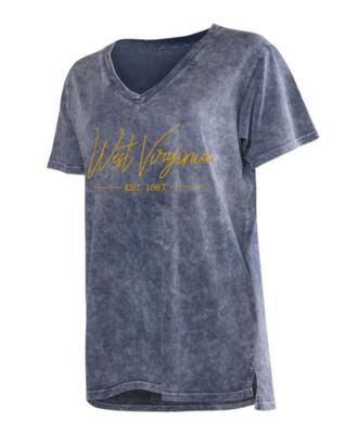 West Virginia Chicka-D Mineral Wash Script V-Neck Tee