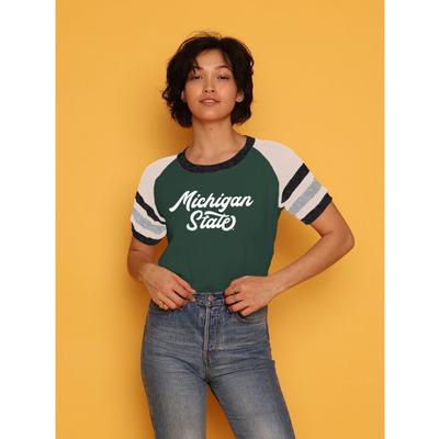 Michigan State CAMP Collection Holly 3 Cropped Stripe Sleeve Tee