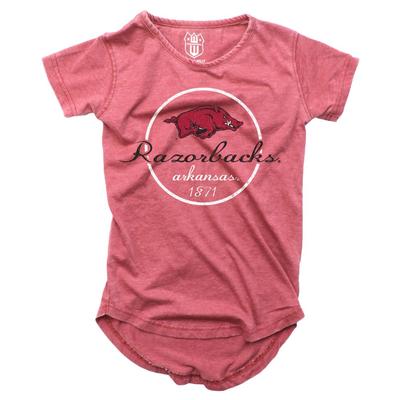 Arkansas Girls Script Circle Hi Low Short Sleeve Tee