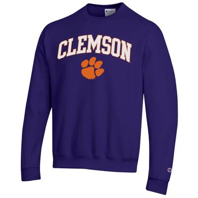 Clemson Champion Fleece Screen Print Arch with Logo Crew