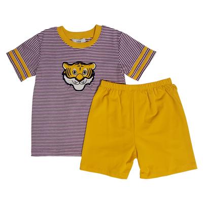 Ishtex Toddler Purple and Gold Striped Tee & Short Set