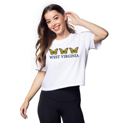 West Virginia Chicka-D Short and Sweet Butterfly Serif Crop Tee
