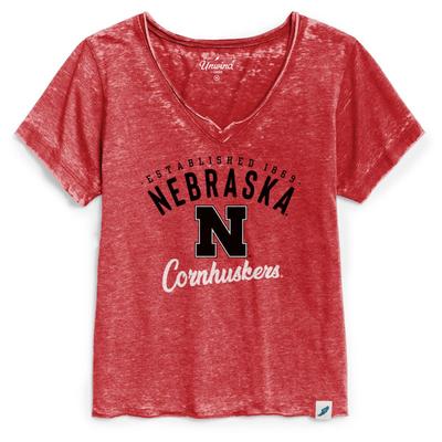 Nebraska League V-Neck Arch Logo Script Tee