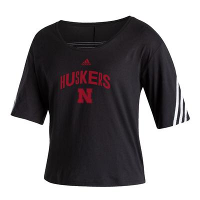 Nebraska Adidas Women's Arch Distortion 3-Stripe Tee