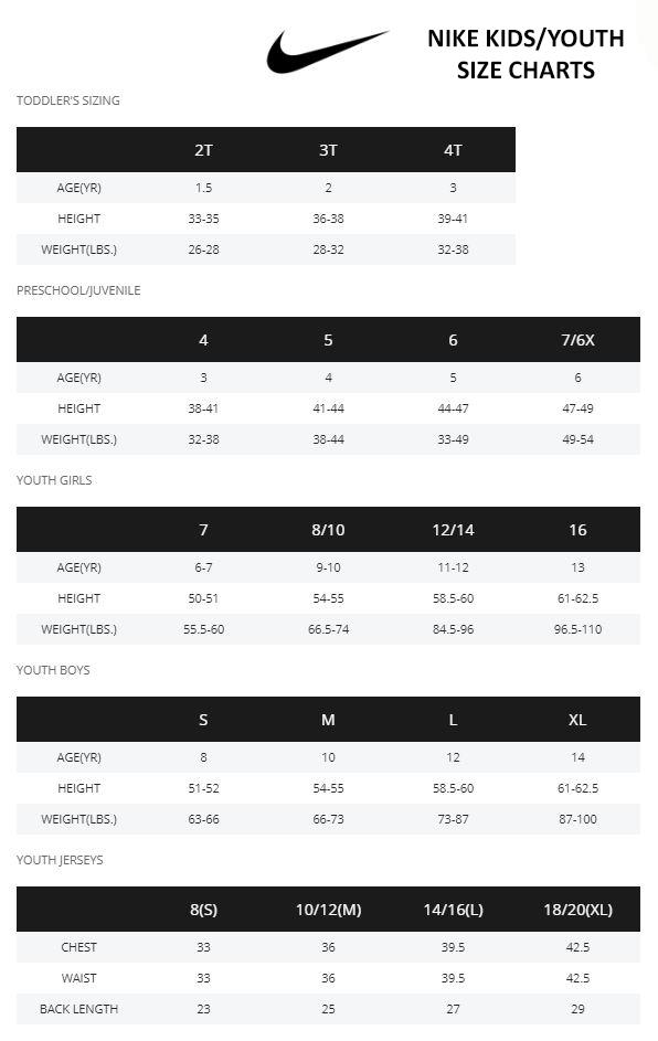 nike size chart for girls